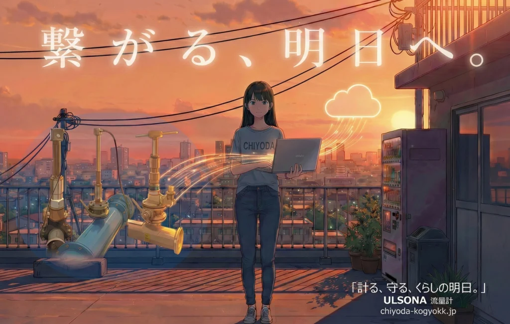 夕暮れの街並みを背景に、ノートパソコンを開いた女性技術者が微笑んでいるイラスト。配管設備から伸びた光のデータストリームが、上空のクラウドアイコンを経由してパソコンへと繋がり、アナログとデジタルの融合を表現している。キャッチコピーは「繋がる、明日へ。」。
