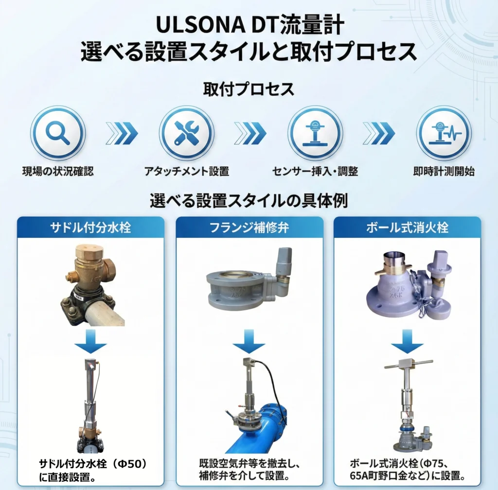 ULSONA DT流量計の取付プロセス(状況確認〜計測開始)と、サドル付分水栓、フランジ補修弁、ボール式消火栓への設置具体例を示す解説図。
