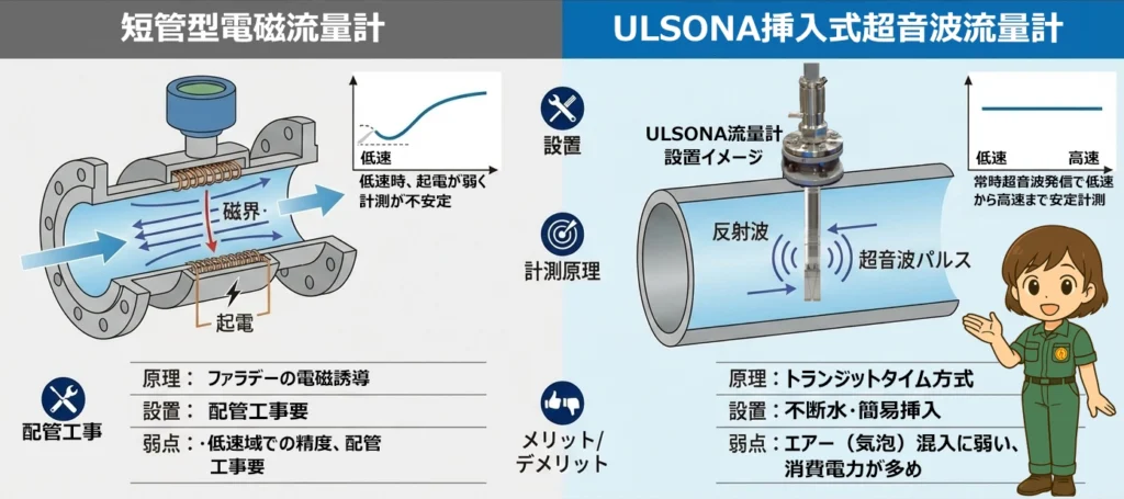 短管型電磁流量計の大規模な配管切断工事と、ULSONA挿入式超音波流量計の不断水・簡易挿入設置を比較した図