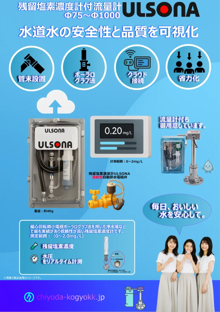 不断水での設置を実現。残留塩素計ユニットを搭載した、コンパクト残留塩素濃度『ULSONA(ウルソナ)』のA4両面チラシ画像の表面です。