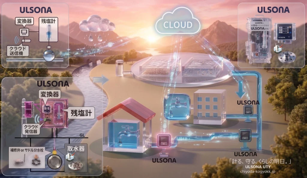 水源から浄水場、住宅地へと繋がる水道管網の全体風景。各ポイント(地下配管)にULSONAの残塩計や取水器、クラウド送信機が設置され、街全体のデータがクラウドに集約されている様子を示す概念図。「計る、守る、くらしの明日」のメッセージ付き。