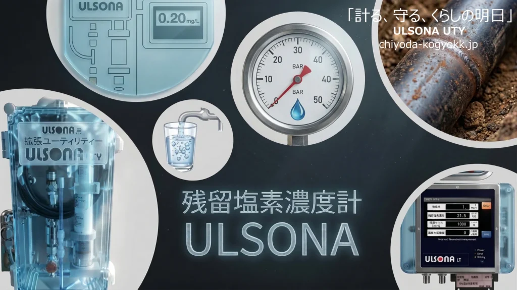 不断水での設置を実現。残留塩素計ユニットを搭載した、挿入式超音波流量計『ULSONA(ウルソナ)』のシステム構成イメージ画像で、水道管の末端など、任意の場所で浄水場レベルの塩素濃度をリアルタイムに測定できると言ったイメージです。