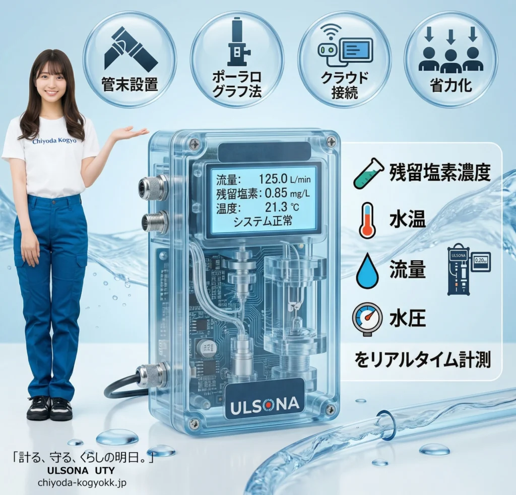 透明な筐体のULSONA UTYデバイスと、笑顔で案内する女性スタッフの画像。上部に「管末設置」「ポーラログラフ法」「クラウド接続」「省力化」の4つのメリットを示すアイコンが並び、右側には「残留塩素濃度・水温・流量・水圧」の4項目をリアルタイム計測できることが分かりやすく図解されている。