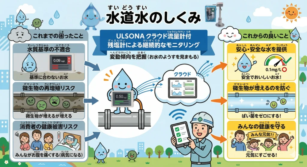 水道随のしくみをわかりやすく最絵で、御説明している画像です。
