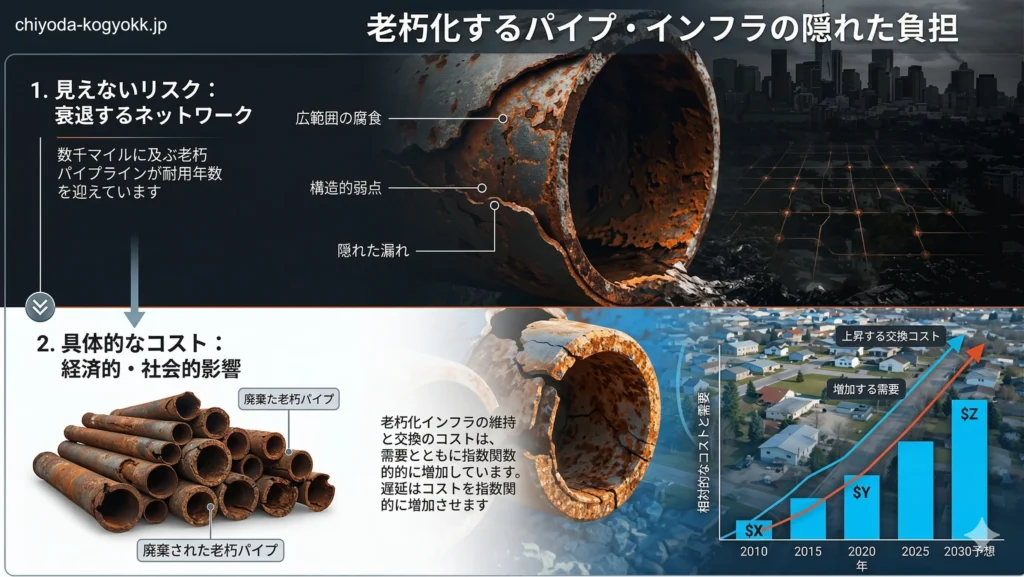 老朽管の断面図。管の壁面に「サビの凹凸」と「バイオフィルム」が付着しており、そこへ流れてきた「塩素」が化学反応を起こして次々と消えていくメカニズムを示したイラスト。