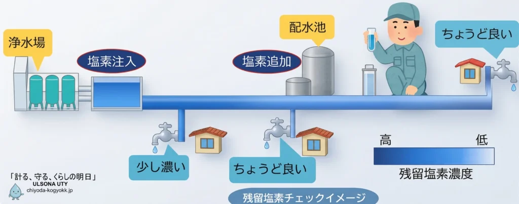 浄水場から各家庭へ至る配水プロセスでの残留塩素濃度の変化を示す図解。浄水場付近では「少し濃い」、中間や管末では「ちょうど良い」状態を保つための塩素注入や追加の仕組みを、青色のグラデーションを用いて分かりやすく解説している。