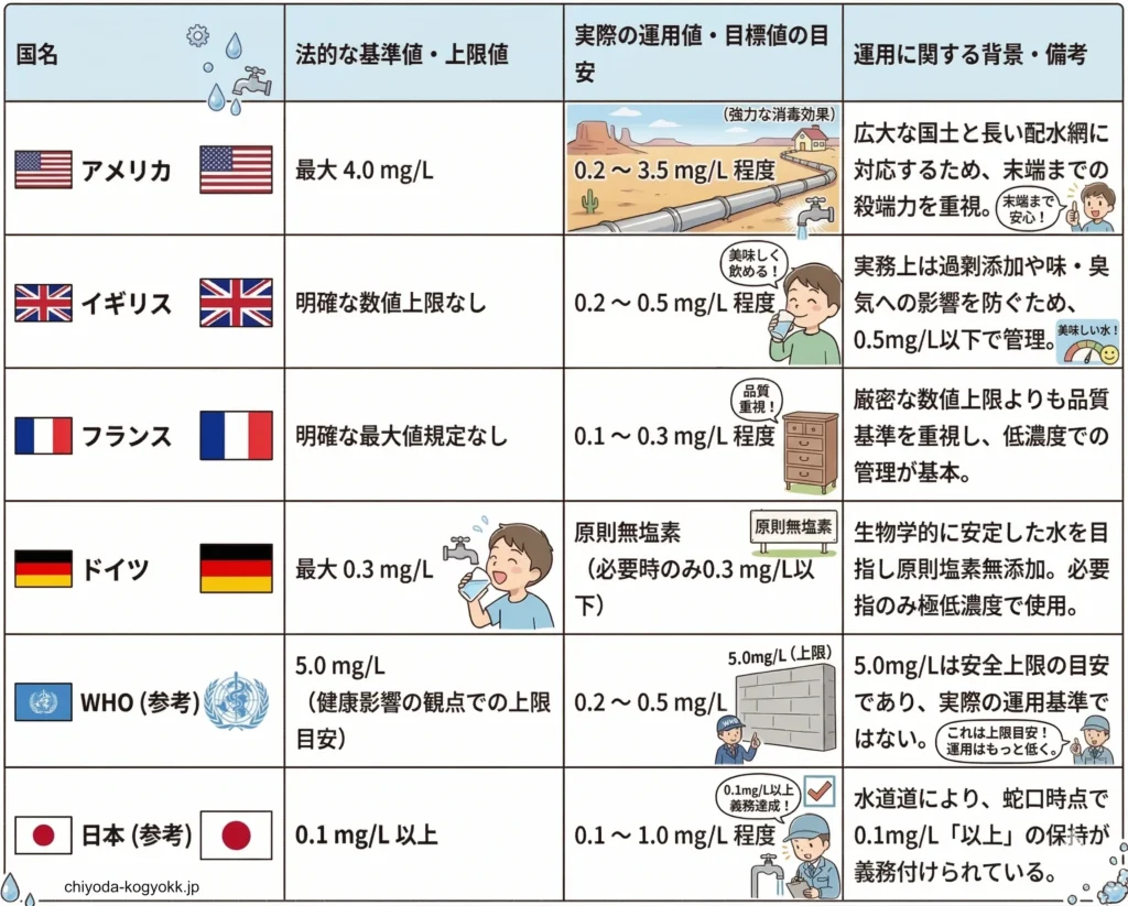 各国の水道水における残留塩素濃度の基準値表