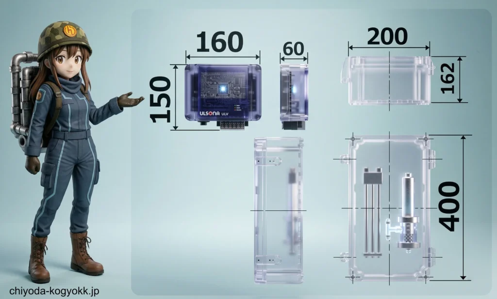 ULSONAクラウド残塩計の製品写真。H400×W200×D162mmの寸法線が入り、コンパクトながら浄水場と同等の高精度測定が可能なことを示す図解。