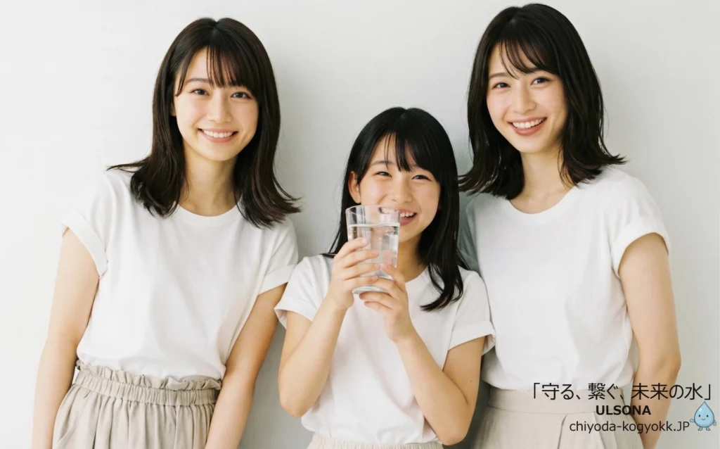 透明な水の入ったグラスを持ち、笑顔を見せる3人の女性・女の子の写真。「守る、繋ぐ、未来の水。ULSONA」のキャッチコピーが添えられ、次世代へ安全な水道インフラを受け継ぐ持続可能性（サステナビリティ）を表現している。