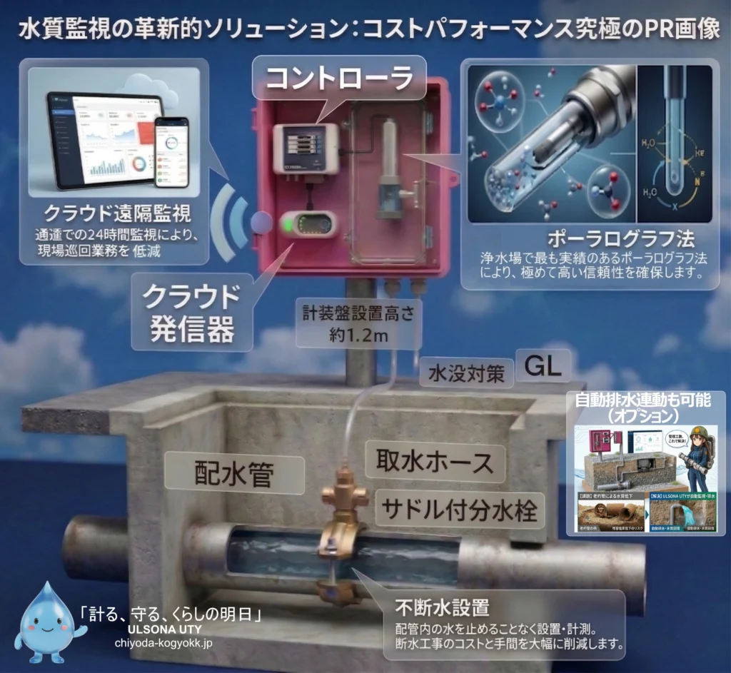 ULSONA UTYの設置構造を示す3Dモデル。地下配水管からの不断水取水と、地上の計装盤に格納された計測機器類、およびクラウドへのデータ送信の仕組みを図解している。