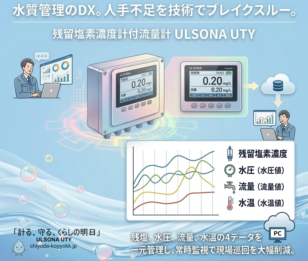「水質管理のDX。人手不足を技術でブレイクスルー」のキャッチコピーと共に、ULSONA UTY本体と、残塩・水圧・流量・水温の4項目が折れ線グラフで一元管理されている様子を描いたイラスト。