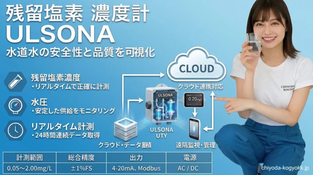 不断水での設置を実現。残留塩素計ユニットを搭載した、挿入式超音波流量計『ULSONA(ウルソナ)』のシステム構成イメージ画像です。
