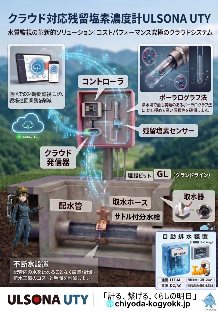 ULSONA　UTY残留塩素濃度計の両面カタログの表面です。