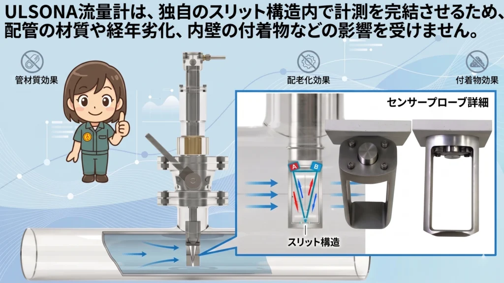 配管の劣化やサビの影響を受けない独自スリット構造のULSONA流量計センサー