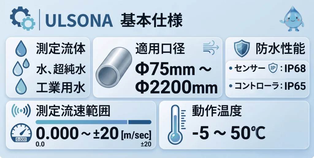 水・工業用水の測定に対応するULSONA流量計の基本仕様一覧