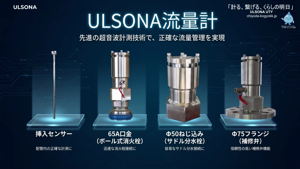既存の消火栓や分水栓に後付けできるULSONA流量計の設置スタイルと3つのメリット（コスト削減、時間短縮、利用者への配慮）