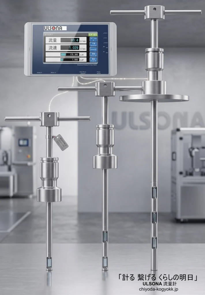 長さや接続方式が異なる3種類のULSONA流量計センサーと、共通のDTコントローラ。多様な現場条件に対応するラインナップを図解。