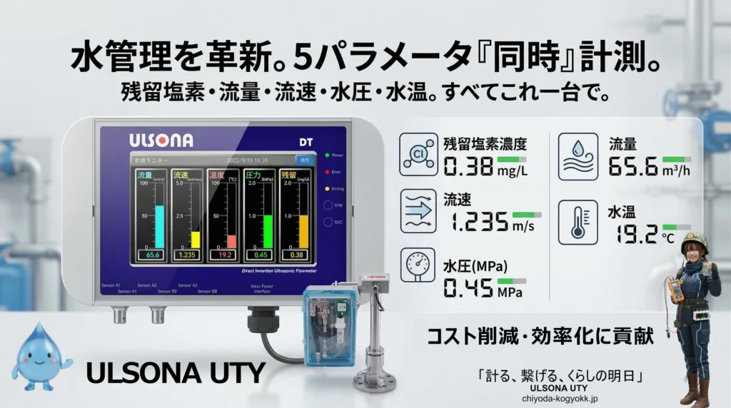 残留塩素や水圧など5項目を同時計測する「ULSONA UTY」の構成図。クラウド遠隔監視による業務効率化を解説。