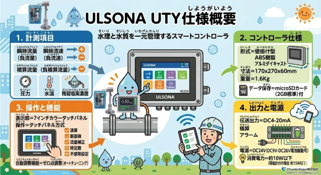 水道用残留塩素濃計ULSONA UTYの仕様概要を挿絵で御説明している画像です。