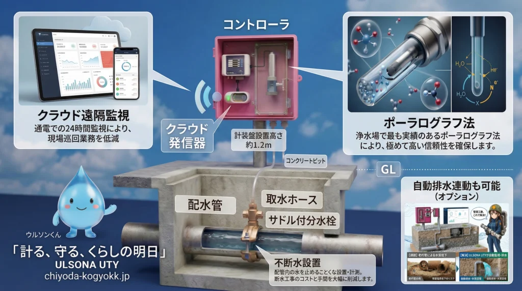 浄水場実績のポーラログラフ法とクラウド遠隔監視を備えたULSONA UTYの全体構成図。不断水設置で導入コスト削減に貢献する仕組みを図解。