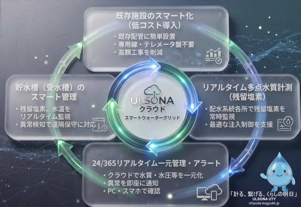 不断水で設置可能な挿入式超音波流量計「ULSONA（ウルソナ）」について、いわゆる「おいしい水」の供給するための各関係者の取り組みを図式化した。各関係者とは、産学官である。
