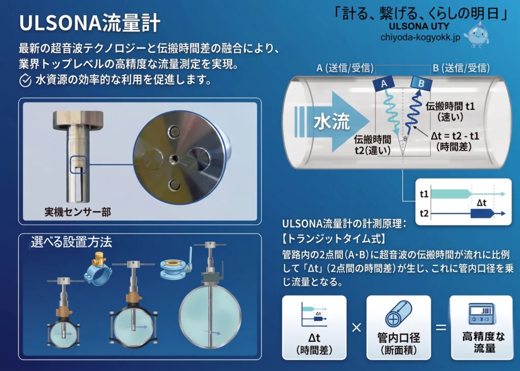 悪環境の地下管路でも微小な漏水を正確に捉える、ULSONA LTの超音波計測原理（トランジットタイム方式）の図解