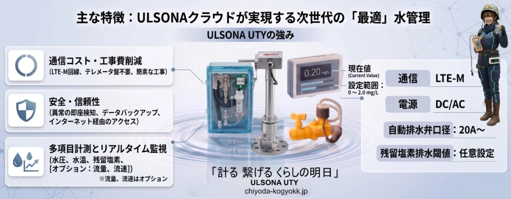 コスト削減、安全性、多項目リアルタイム監視など、ULSONA UTYの主な特長とシステム仕様をまとめた機能紹介画像。