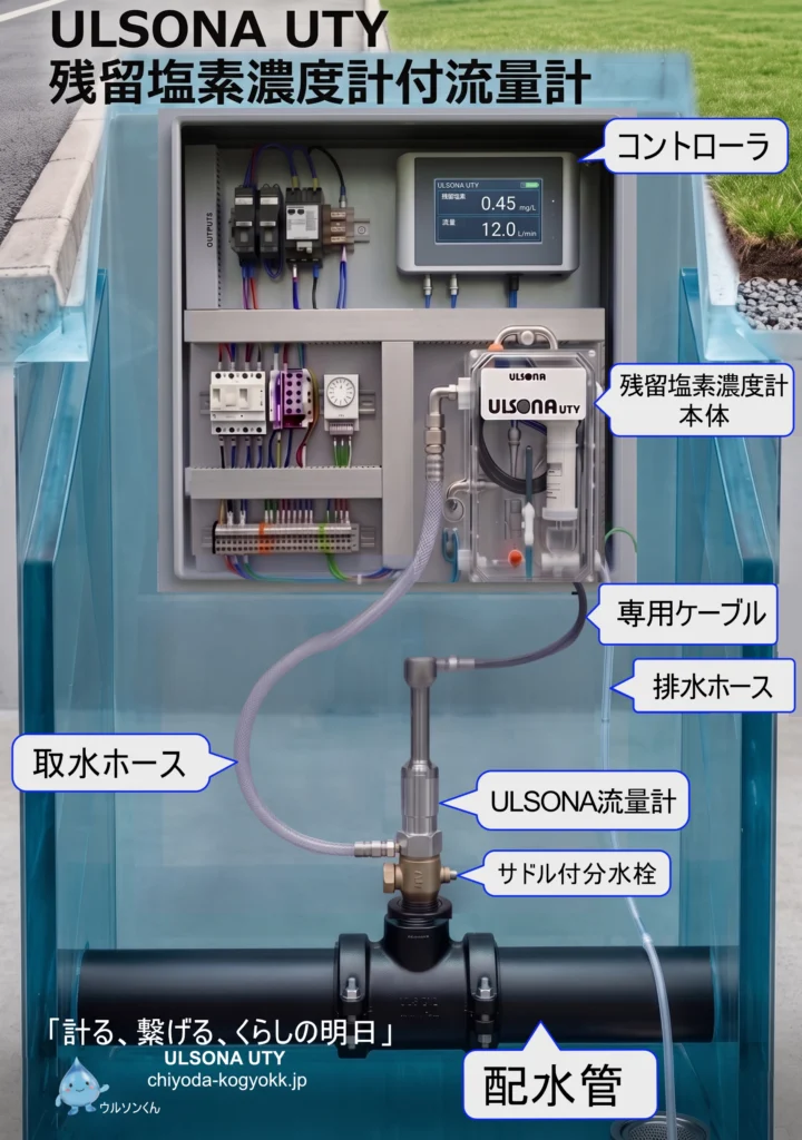 流量計付ULSONA UTYの地下埋設イメージ。配水管からの取水と、毎分100〜600mLの連続計測に伴う排水ホースの構造を図解。