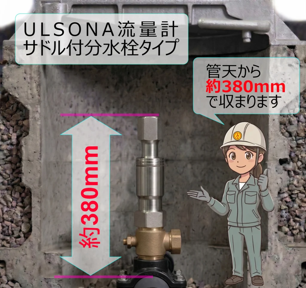 サドル付分水栓タイプのULSONA流量計。管天から約380mmに収まる省スペース設計で土木工事費の削減に貢献。