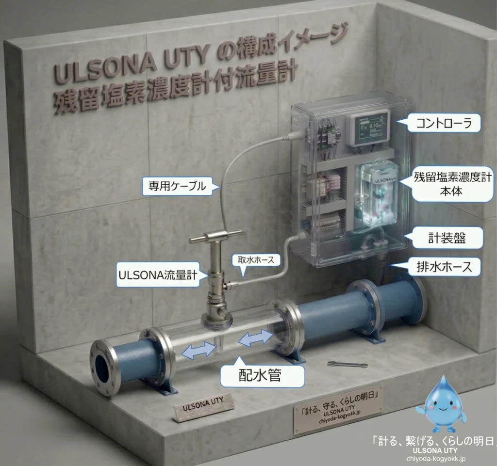 ULSONA UTYの設置構造を示す立体模型画像。配水管に設置された流量計からの取水、計装盤内の残留塩素濃度計とコントローラ、そして排水に至る一連のシステム構成が分かりやすく図解されている。