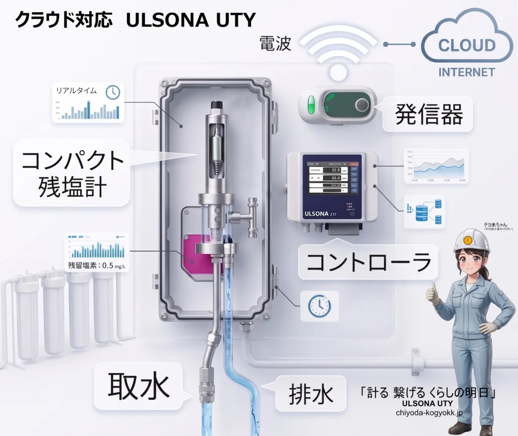 コンパクト残塩計とクラウド連携によるリアルタイム遠隔監視システムの構成図。取水・排水、計測、データ送信の流れを図解。
