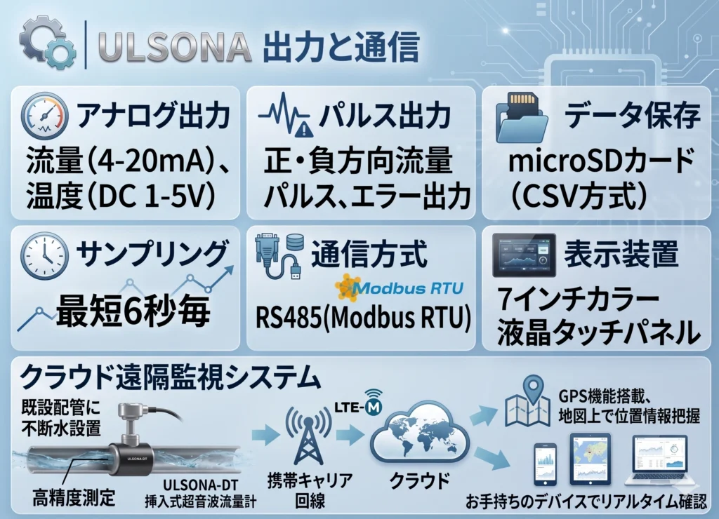 多彩な出力通信方式と、クラウド遠隔監視によるULSONA流量計のDX連携図
