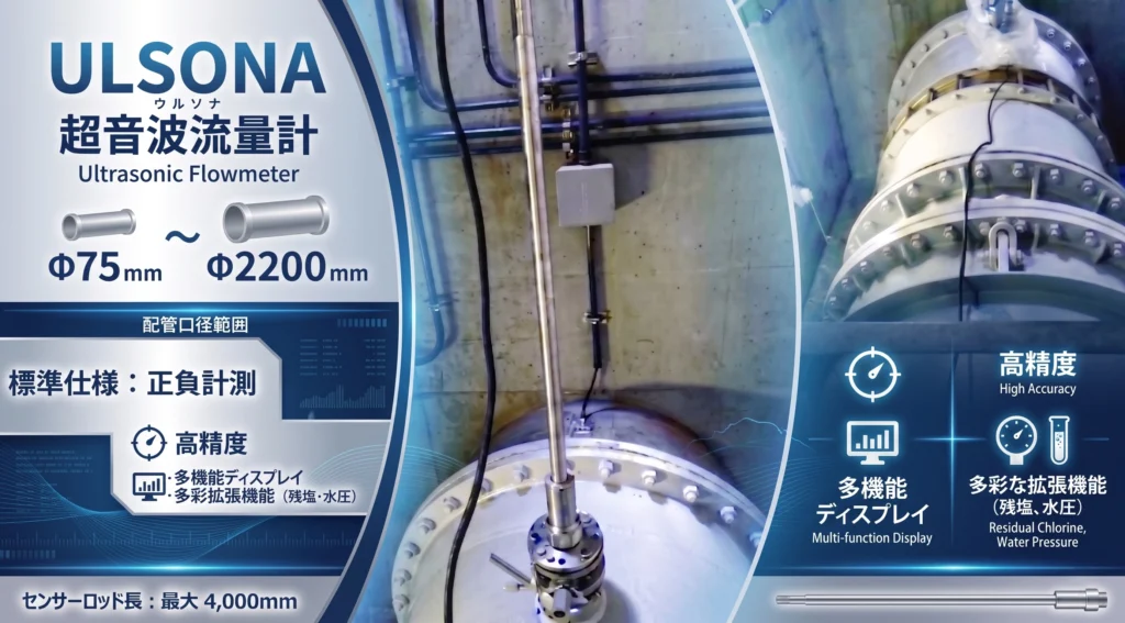 Φ75からΦ2000までの幅広い既設管に不断水で設置されたULSONA流量計の現場写真