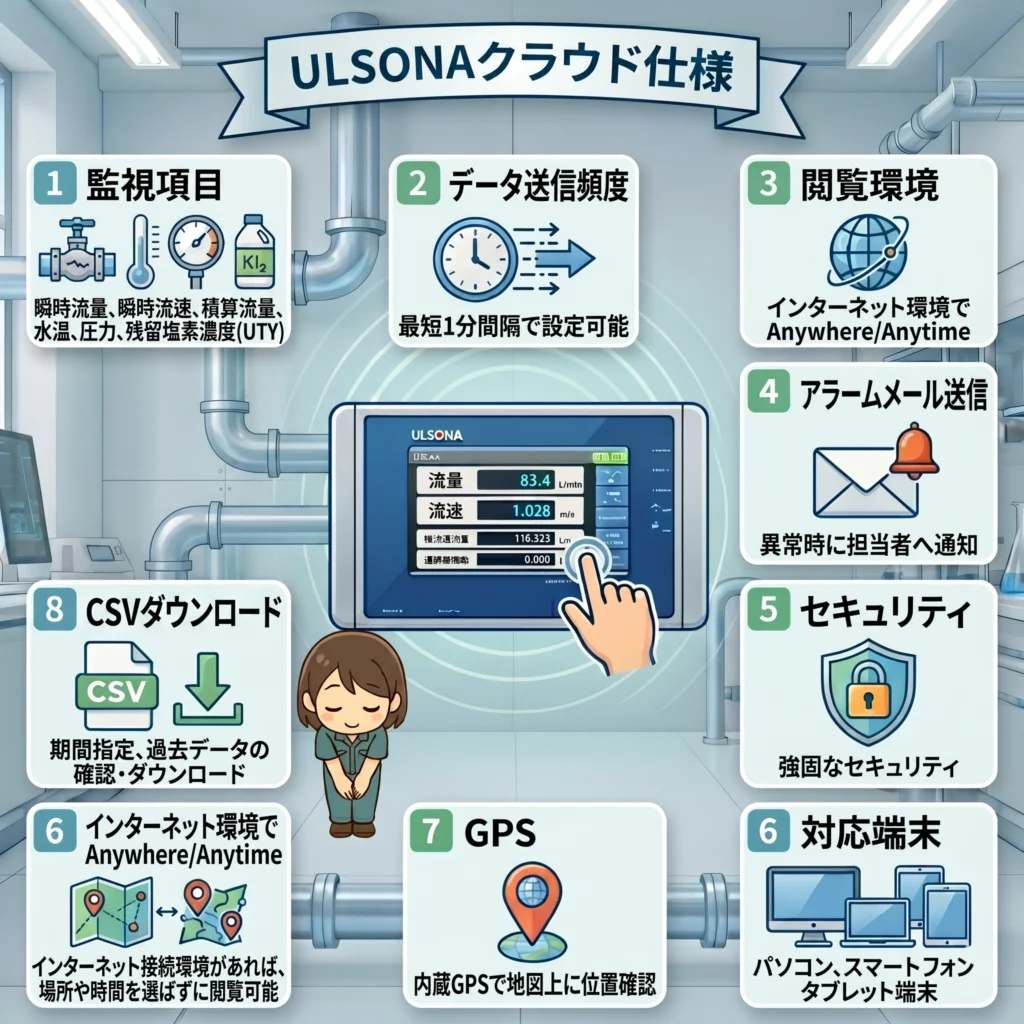 「ULSONAクラウド遠隔監視仕様：瞬時流量・流速・正負積算流量・水温・残留塩素濃度の監視に対応。最短1分間隔送信、アラームメール、CSV出力、GPS地図確認機能を備えた水道DXソリューション」