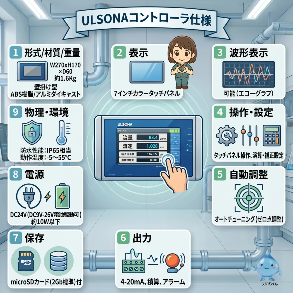 7インチタッチパネルやmicroSDデータ保存、4-20mA出力を備えたULSONAコントローラの詳細仕様表