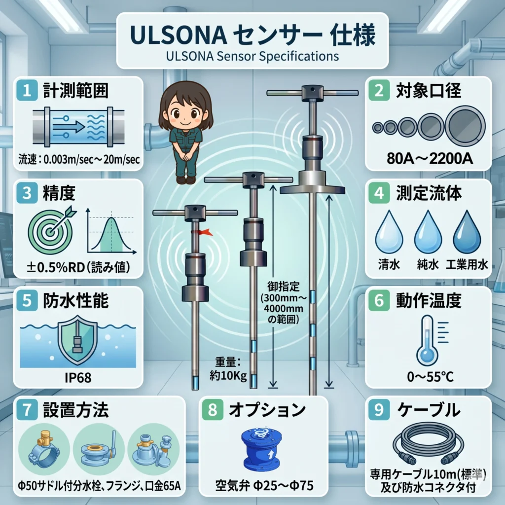 微流速検知や水温測定機能を備え、水道DX・クラウド監視に適したULSONAセンサーの仕様