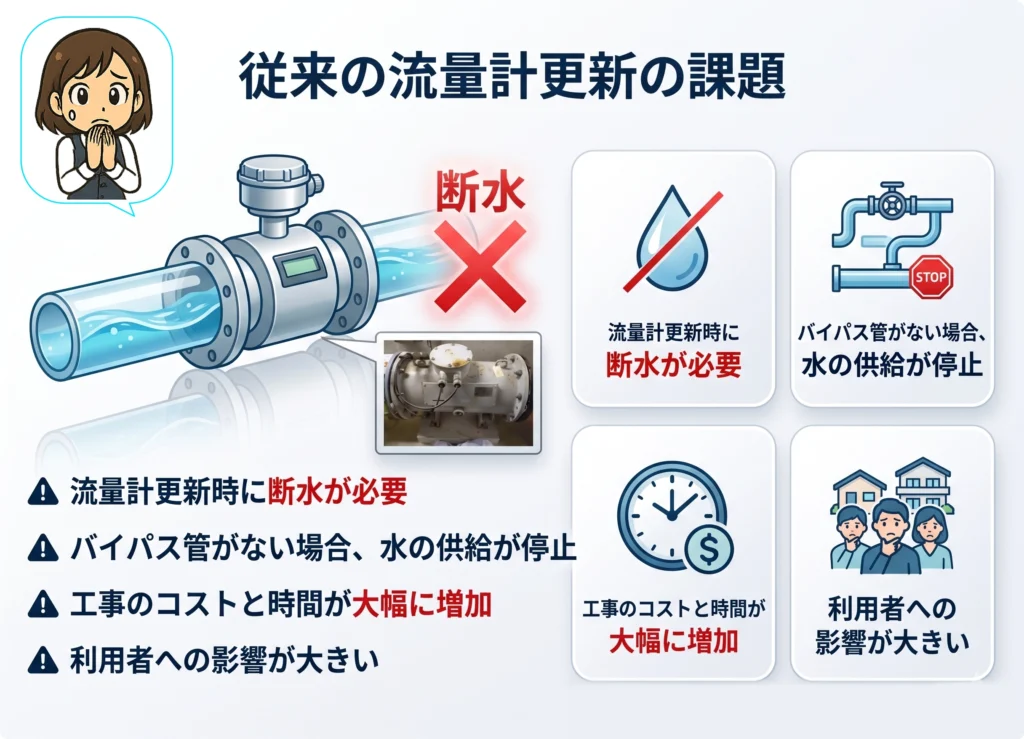 不断水で設置可能な挿入式超音波流量計ULSONAのPR画像です。ULSONA流量計による解決策と題して、ULSONA流量計の設置スタイル（３種類）の簡単設置できるというPR画像です。