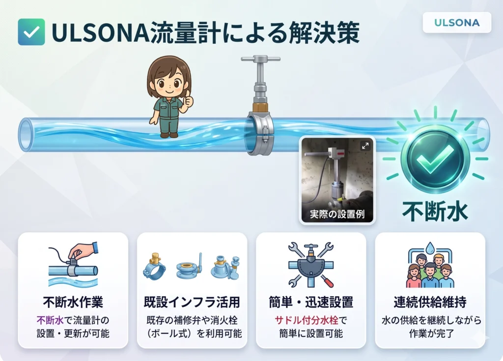 ULSONA流量計による不断水での設置イメージ画像です。