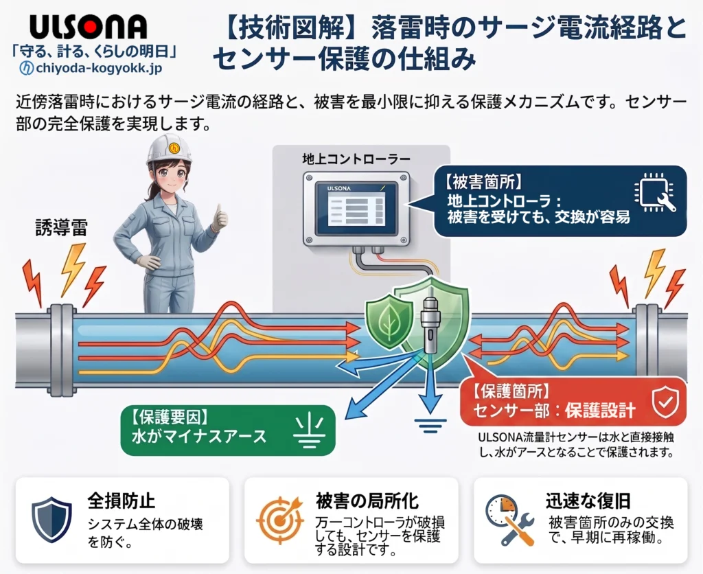 ULSONA流量計における落雷時のサージ電流経路とセンサー保護の技術図解。水がアースとなりセンサーを守り、被害を地上コントローラに局所化することで迅速に復旧する仕組みを解説。
