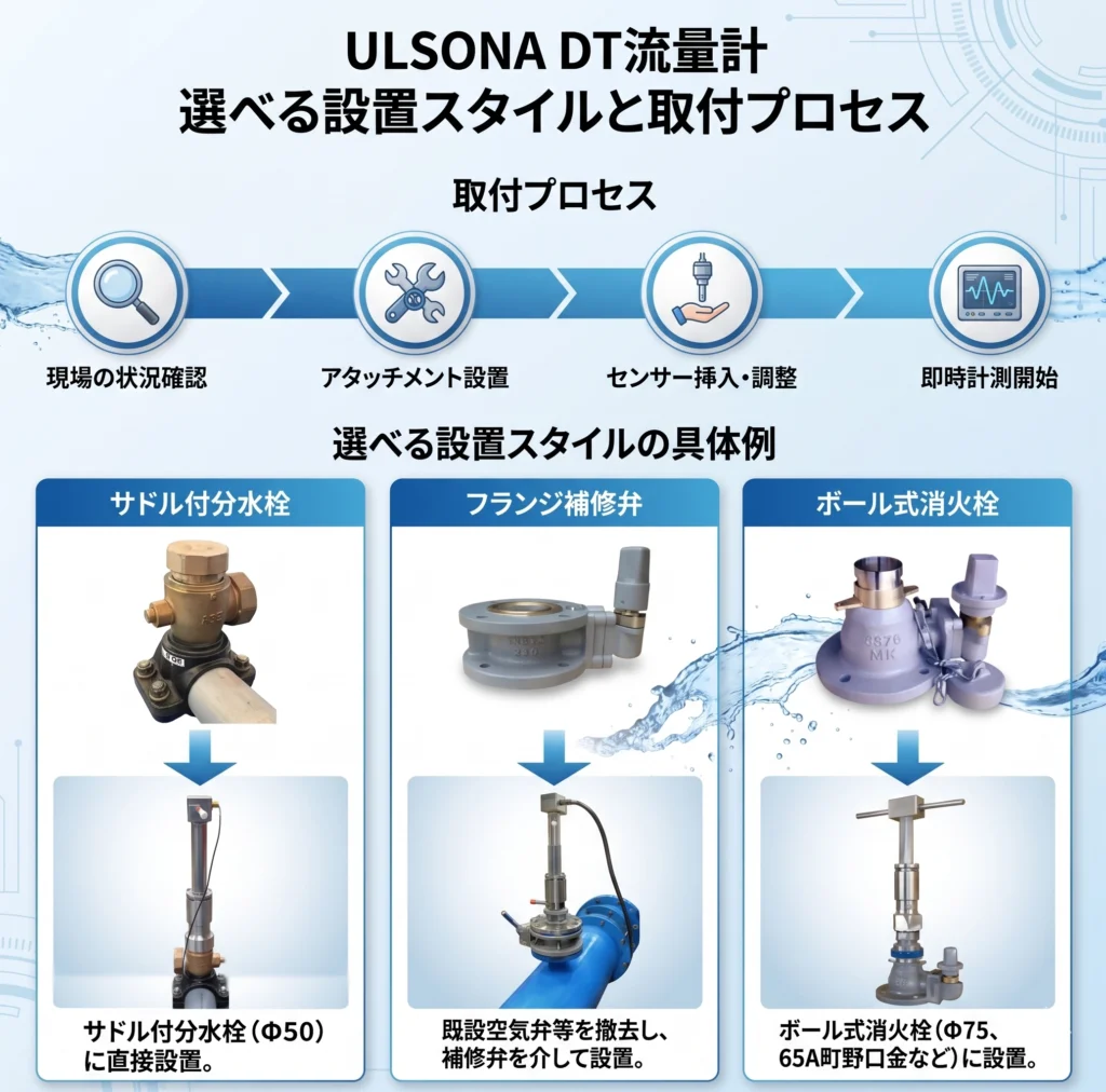 ULSONA DT流量計の取付プロセス（状況確認〜計測開始）と、サドル付分水栓、フランジ補修弁、ボール式消火栓への設置具体例を示す解説図。