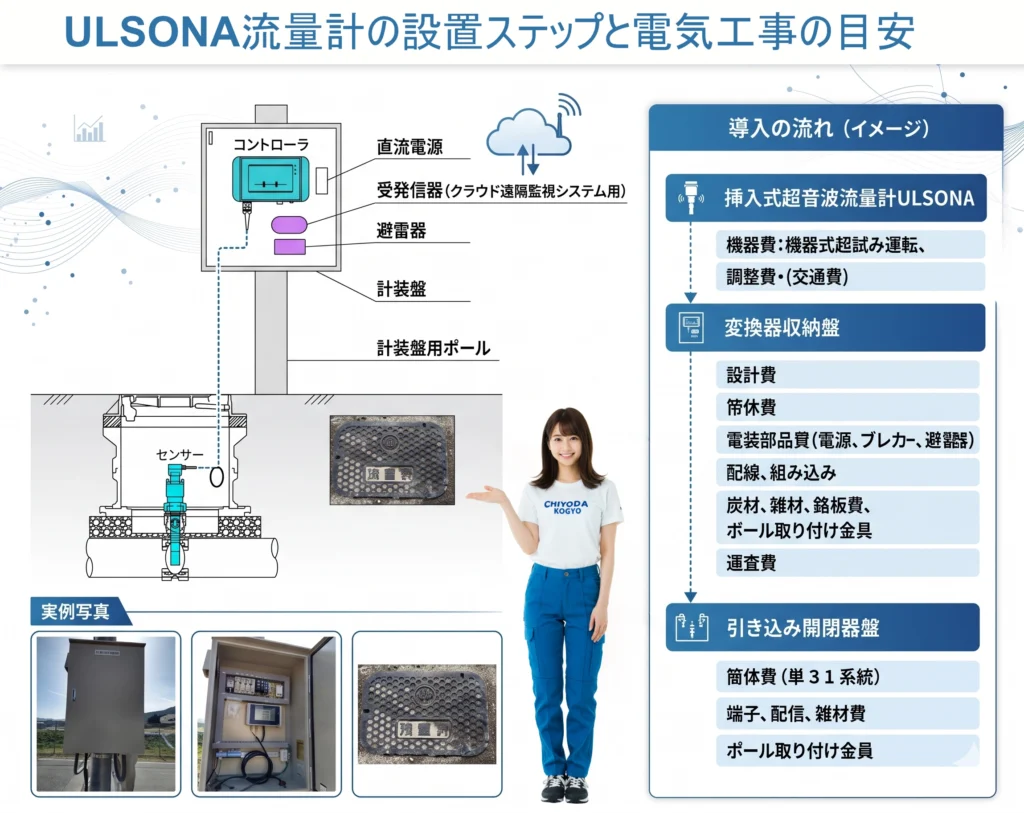 クラウド遠隔監視に対応したULSONA流量計のシステム構成図。受発信器や計装盤の配置イメージ。