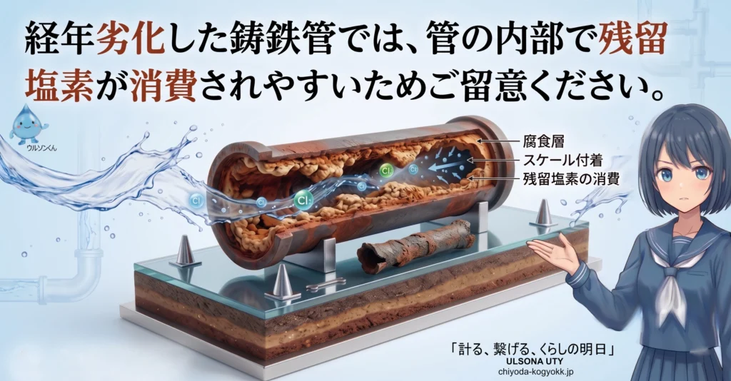 経年劣化した鋳鉄管における残留塩素測定時の留意点。内部が錆びた古い水道管の断面モデルを示し、管内部で残留塩素が消費されやすいことを注意喚起する画像。