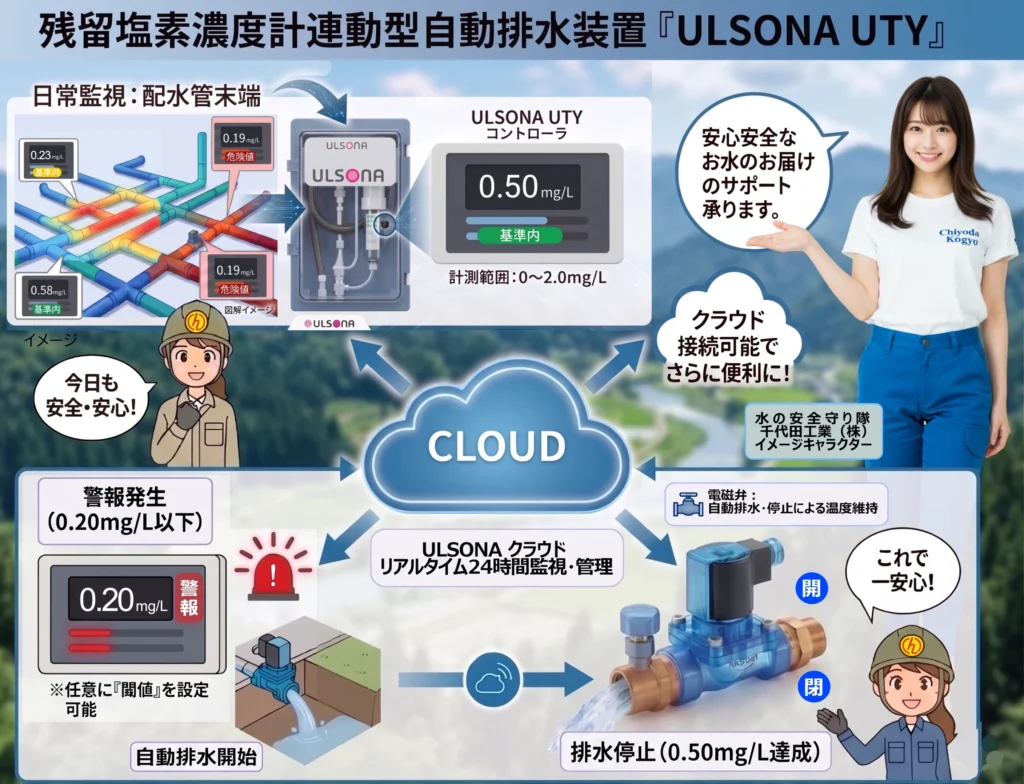 千代田工業の残留塩素濃度計連動型自動排水装置ULSONA UTYの仕組み。管末の自動排水とクラウド監視を図解。