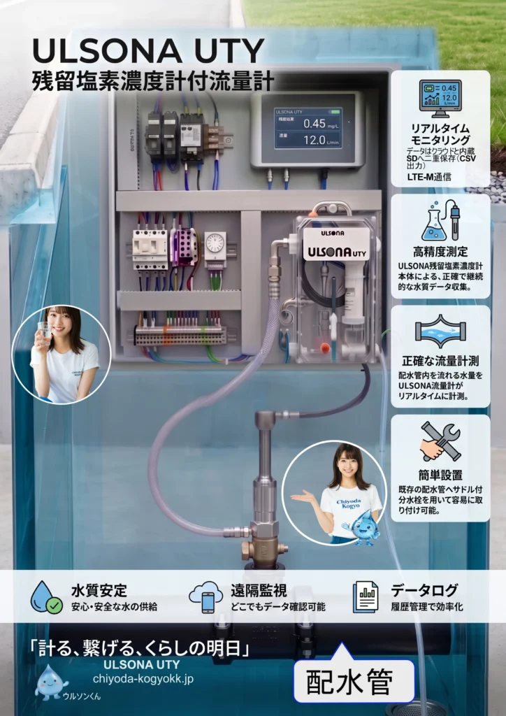 ULSONA UTY残留塩素濃度計付流量計の両面カタログの表面です。