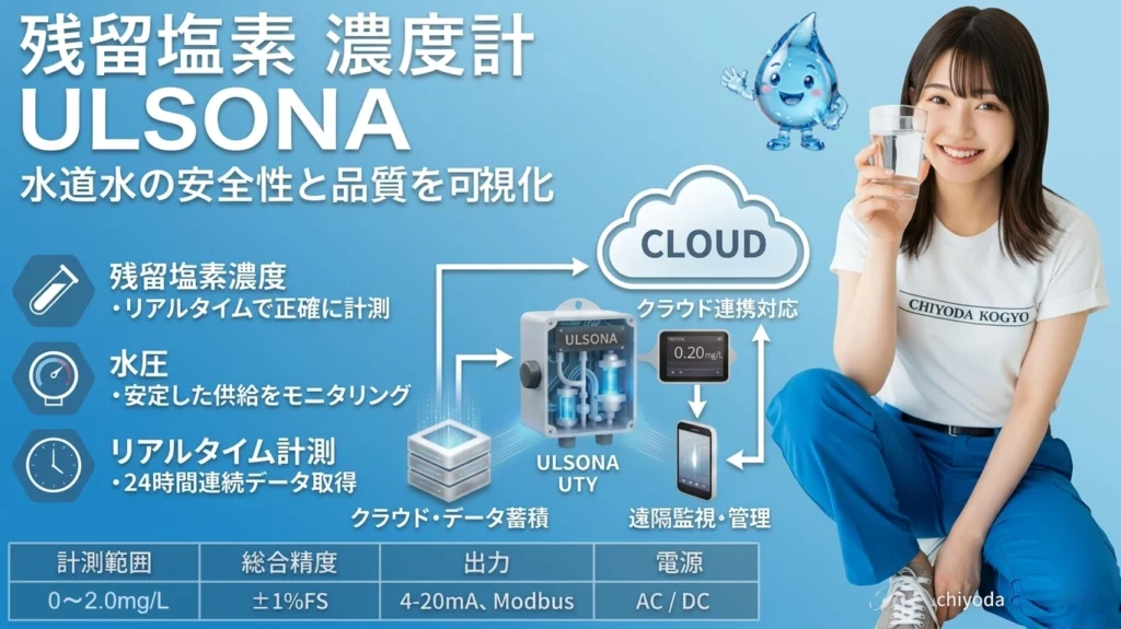 クラウド遠隔監視とGPS連携に対応したULSONA UTY残留塩素濃度計。ポーラログラフ法による高精度なエッジセンシング。