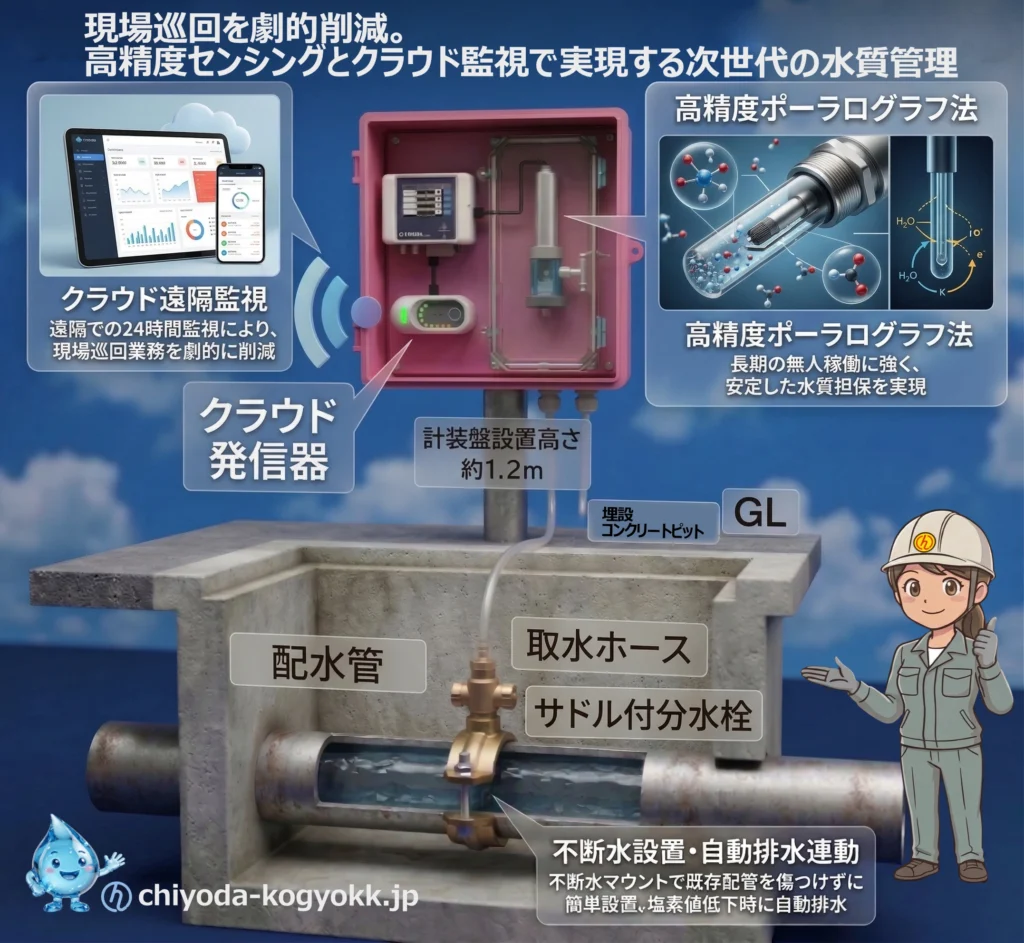 不断水設置と高精度ポーラログラフ法を採用したULSONA UTYのシステム構成図。残留塩素のクラウド遠隔監視による水道DXを図解。