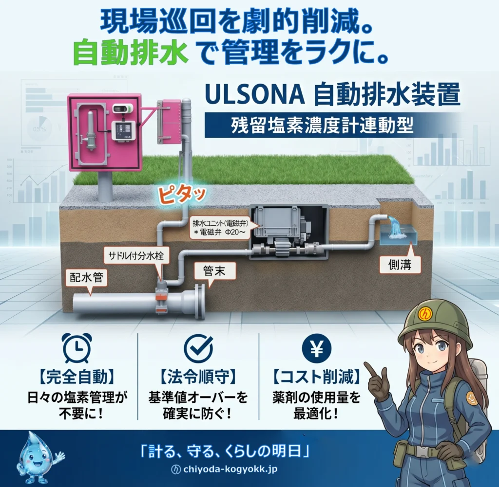 千代田工業の残留塩素濃度計連動型自動排水装置「ULSONA」。配水管末端の自動排水による水道DXとコスト削減を図解。