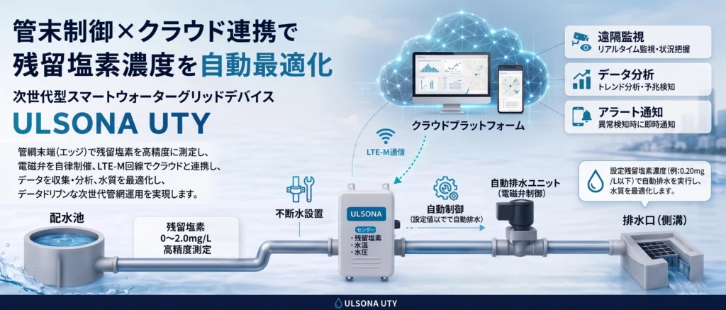 管末制御とクラウド連携で残留塩素を自動最適化するULSONA UTYのシステム構成図。