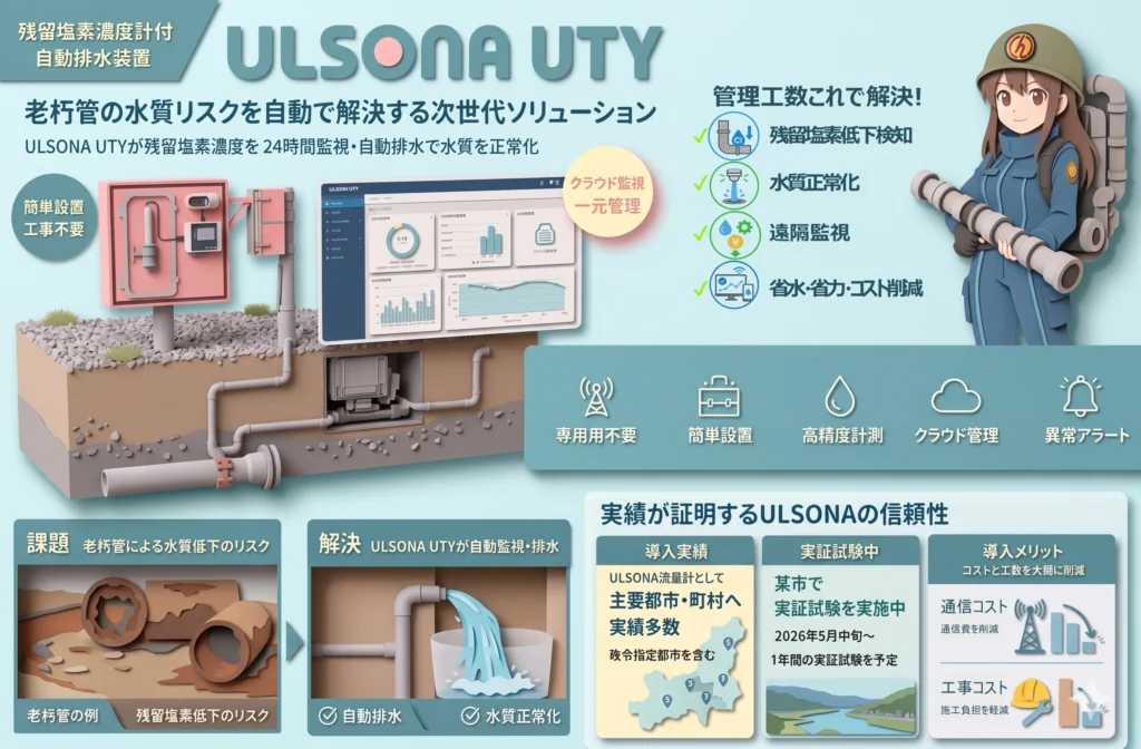 老朽管の水質リスクを解決するULSONA UTY自動排水装置。クラウド監視や導入実績を図解。