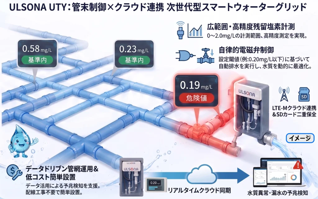 管末制御とクラウド連携で水道DXを実現するULSONA UTYの構成図。残留塩素の自動排水とデータ一元管理を図解。